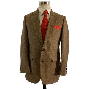 100% Wool Tweeds Blazer Men’s Size 40L Brown Leather Button Sport Coat USA Made